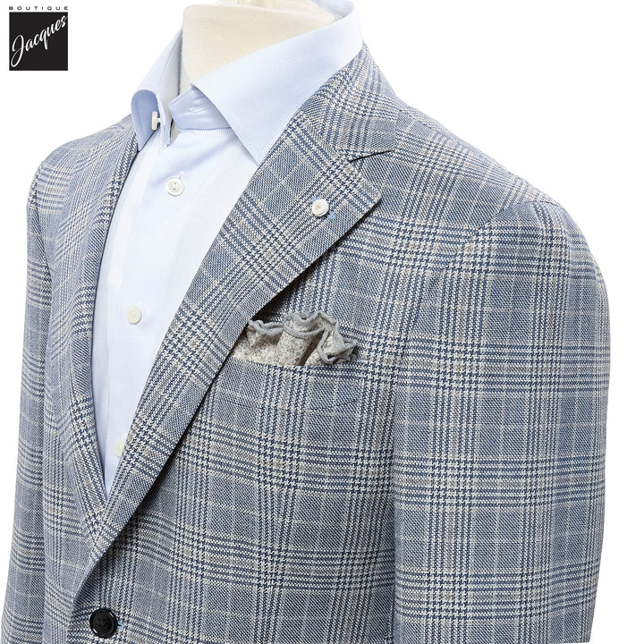 Blue & Beige Prince-of-Wales Silk-Wool Dream Fit Sport Jacket - Luigi Bianchi - Boutique Jacques International
