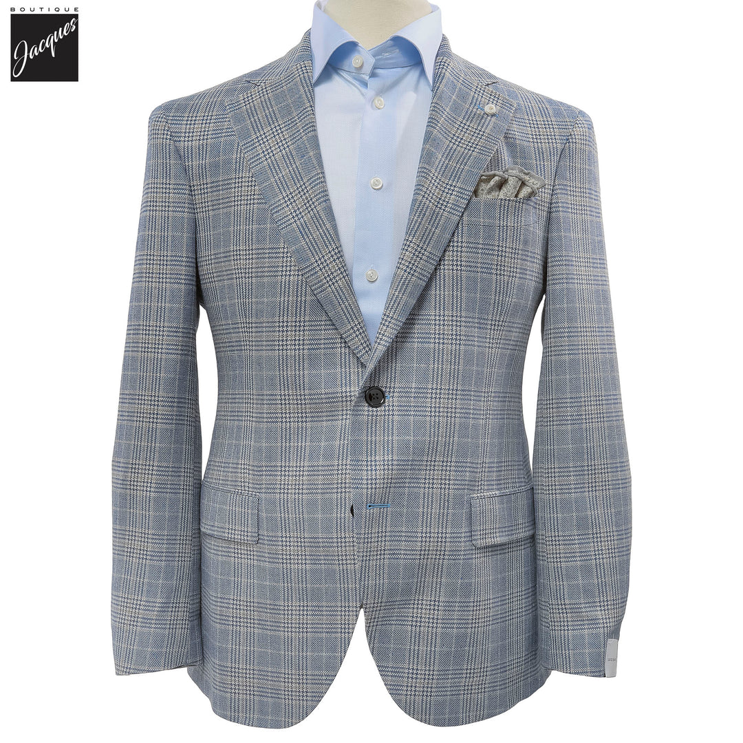 Blue & Beige Prince-of-Wales Silk-Wool Dream Fit Sport Jacket - Luigi Bianchi - Boutique Jacques International