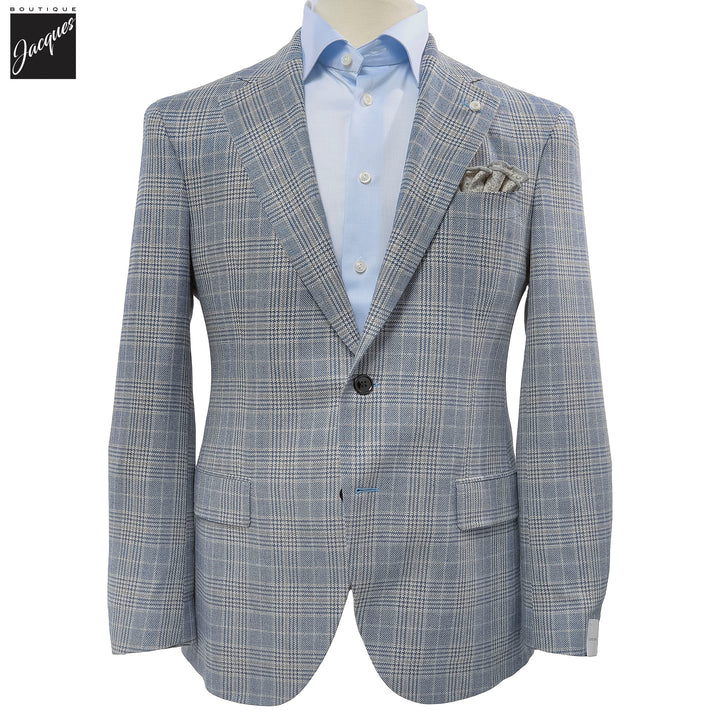 Blue & Beige Prince-of-Wales Silk-Wool Dream Fit Sport Jacket - Luigi Bianchi - Boutique Jacques International