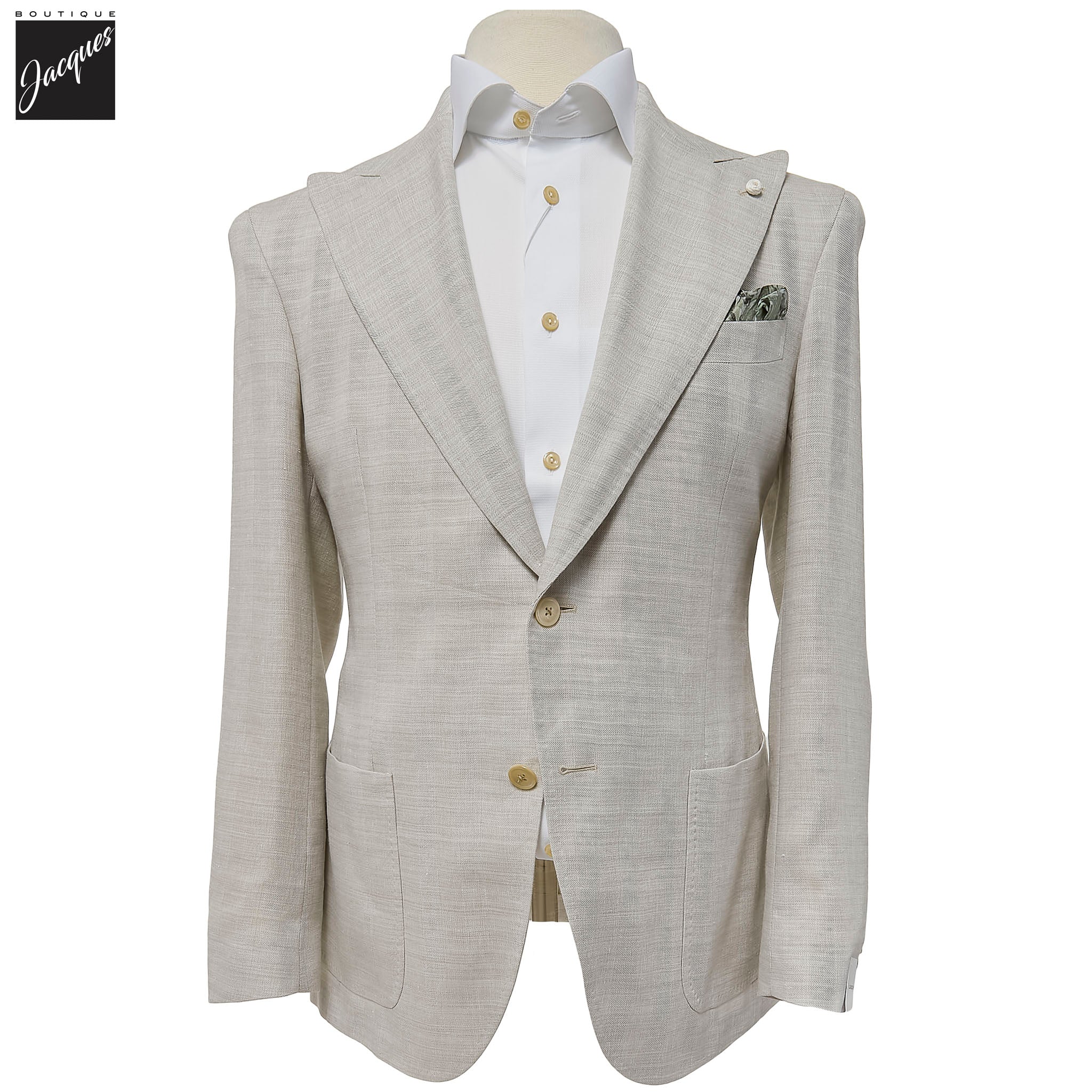 Oatmeal Linen-Wool Dream Fit Sport Jacket w/ Peak Lapels - Luigi Bianchi - Boutique Jacques International