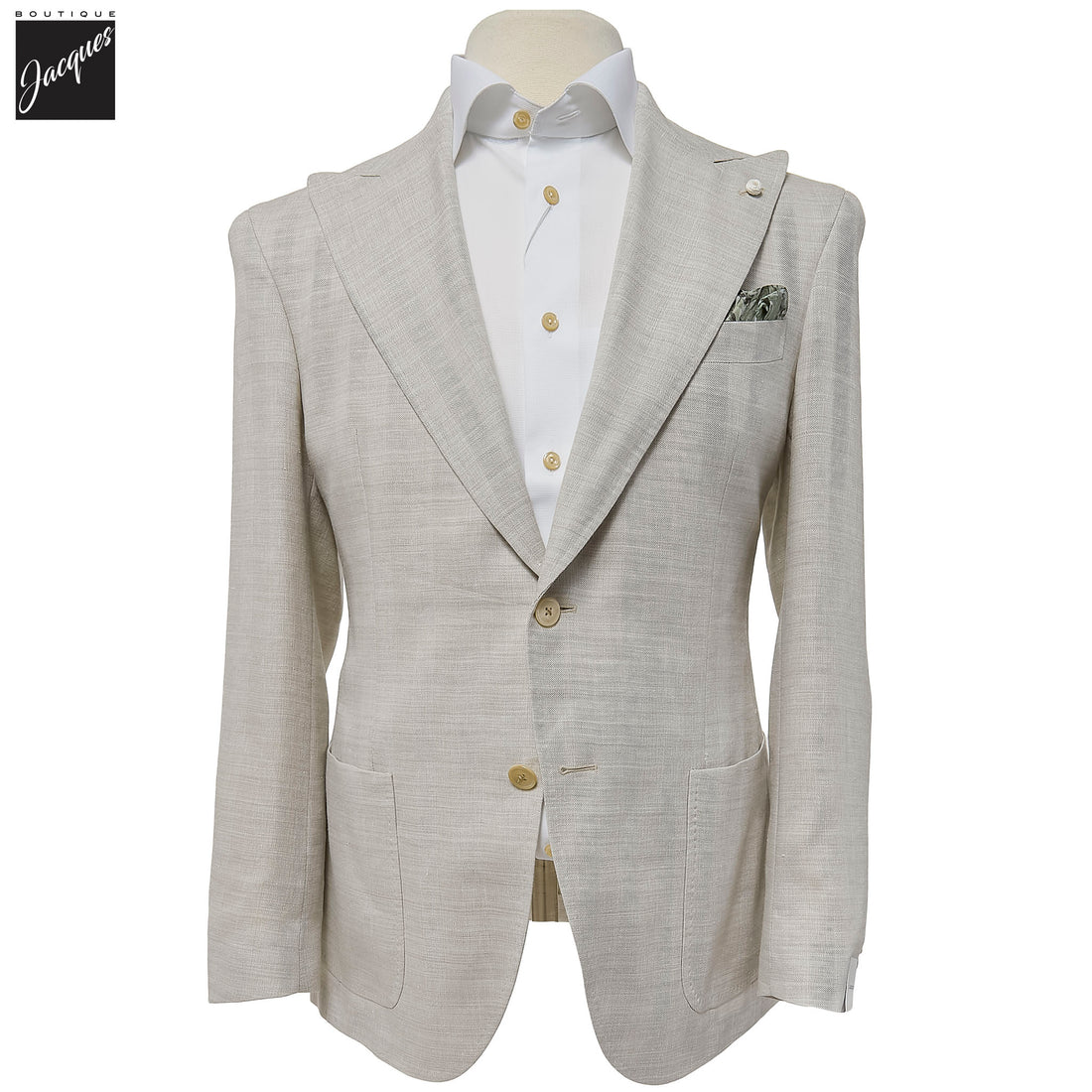 Oatmeal Linen-Wool Dream Fit Sport Jacket w/ Peak Lapels - Luigi Bianchi - Boutique Jacques International