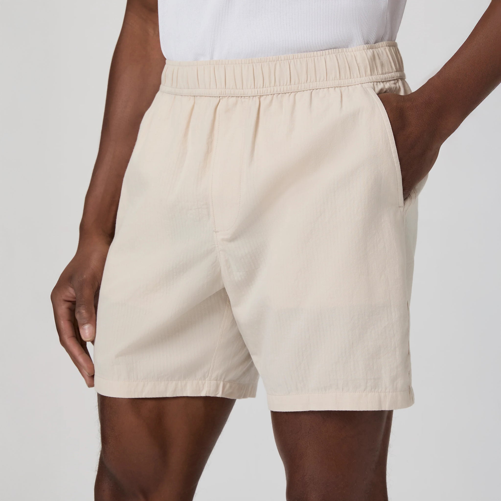 Atlantic Fog (Beige) Cotton-Stretch Seersucker Teague Shorts - PAIGE