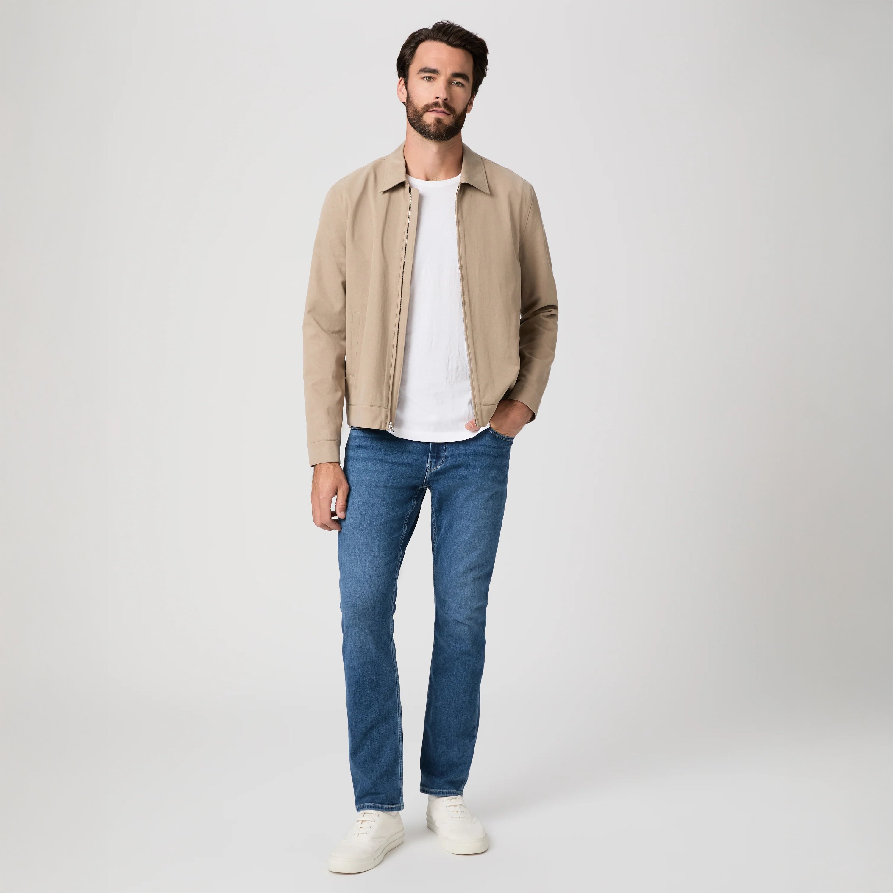 Mid-wash blue straight fit stretch denim five-pocket jeans by PAIGE, Bushman Federal style