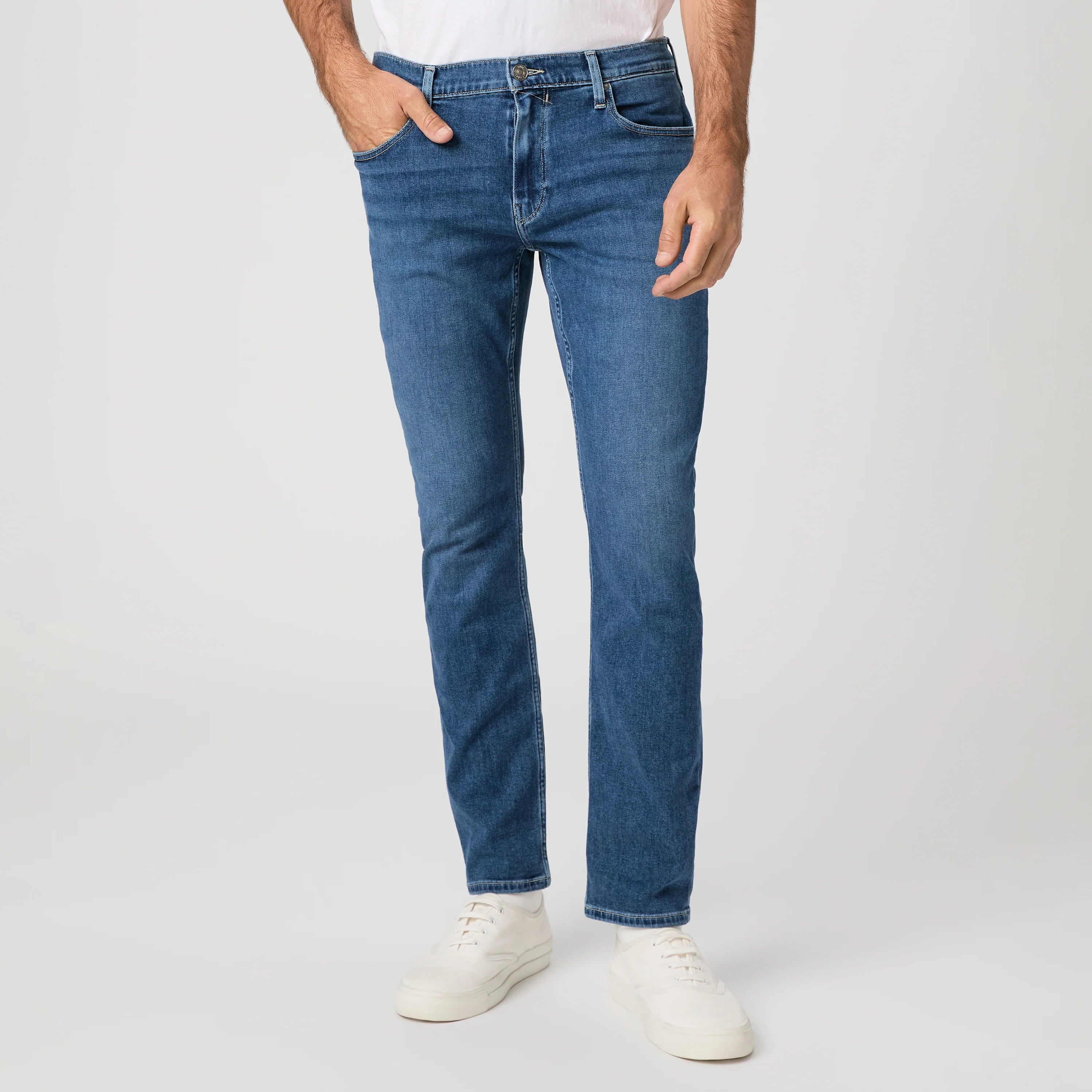 Mid-wash blue straight fit stretch denim five-pocket jeans by PAIGE, Bushman Federal style