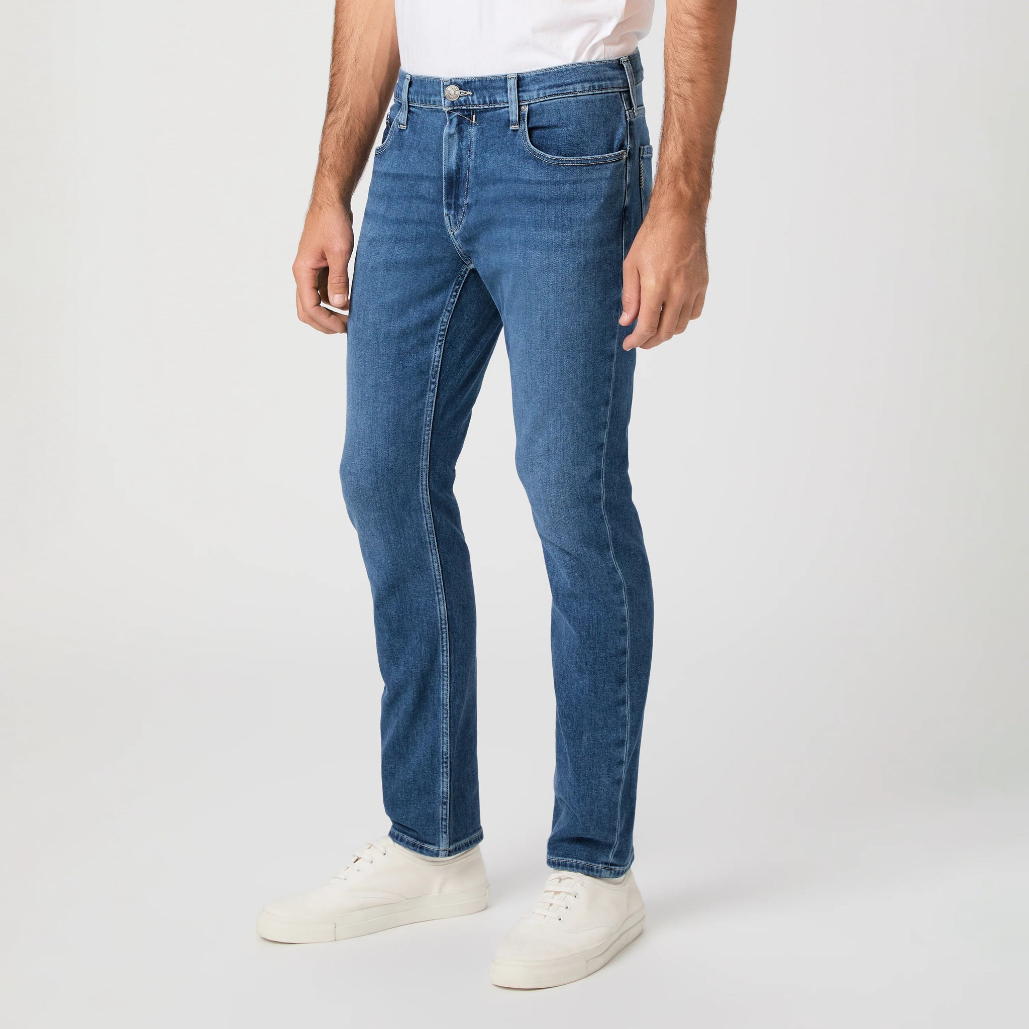 Mid-wash blue straight fit stretch denim five-pocket jeans by PAIGE, Bushman Federal style