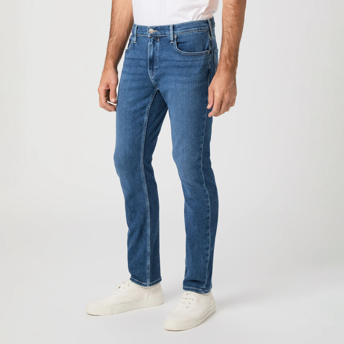 Mid-wash blue straight fit stretch denim five-pocket jeans by PAIGE, Bushman Federal style