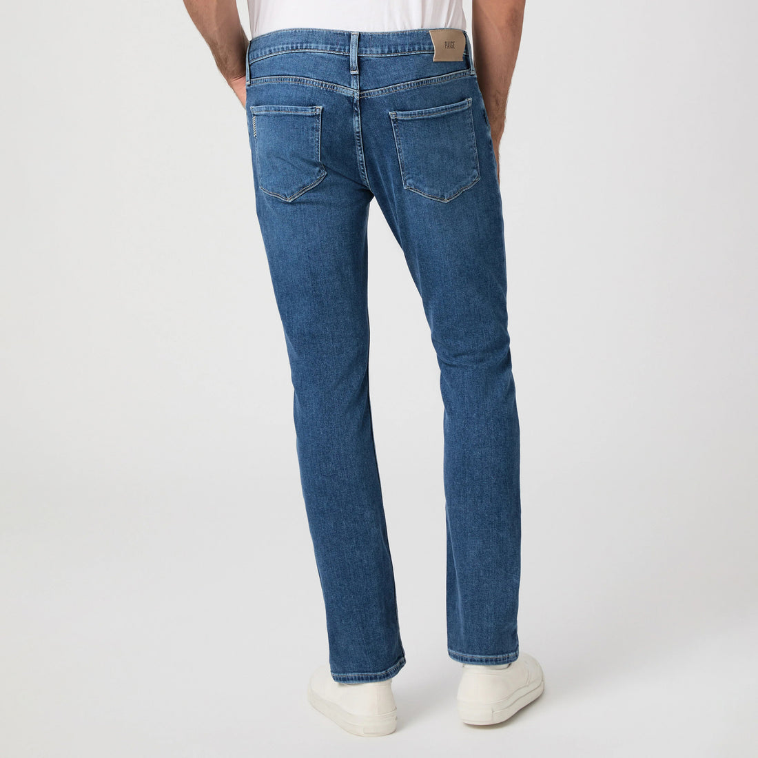 Mid-wash blue straight fit stretch denim five-pocket jeans by PAIGE, Bushman Federal style