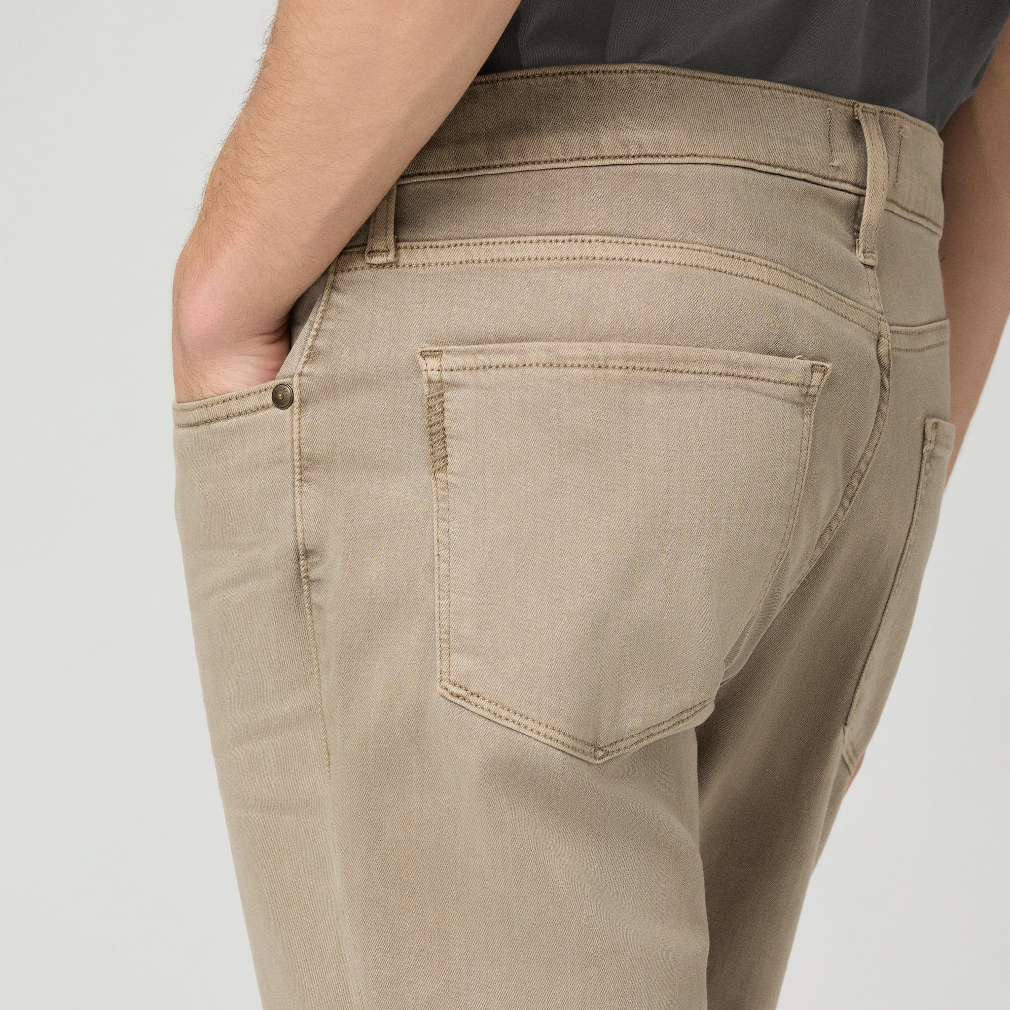 Pale beige straight fit stretch denim five-pocket jeans by PAIGE, Federal vintage style