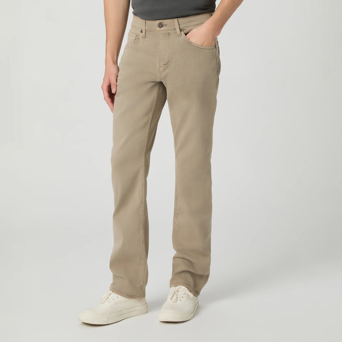 Pale beige straight fit stretch denim five-pocket jeans by PAIGE, Federal vintage style