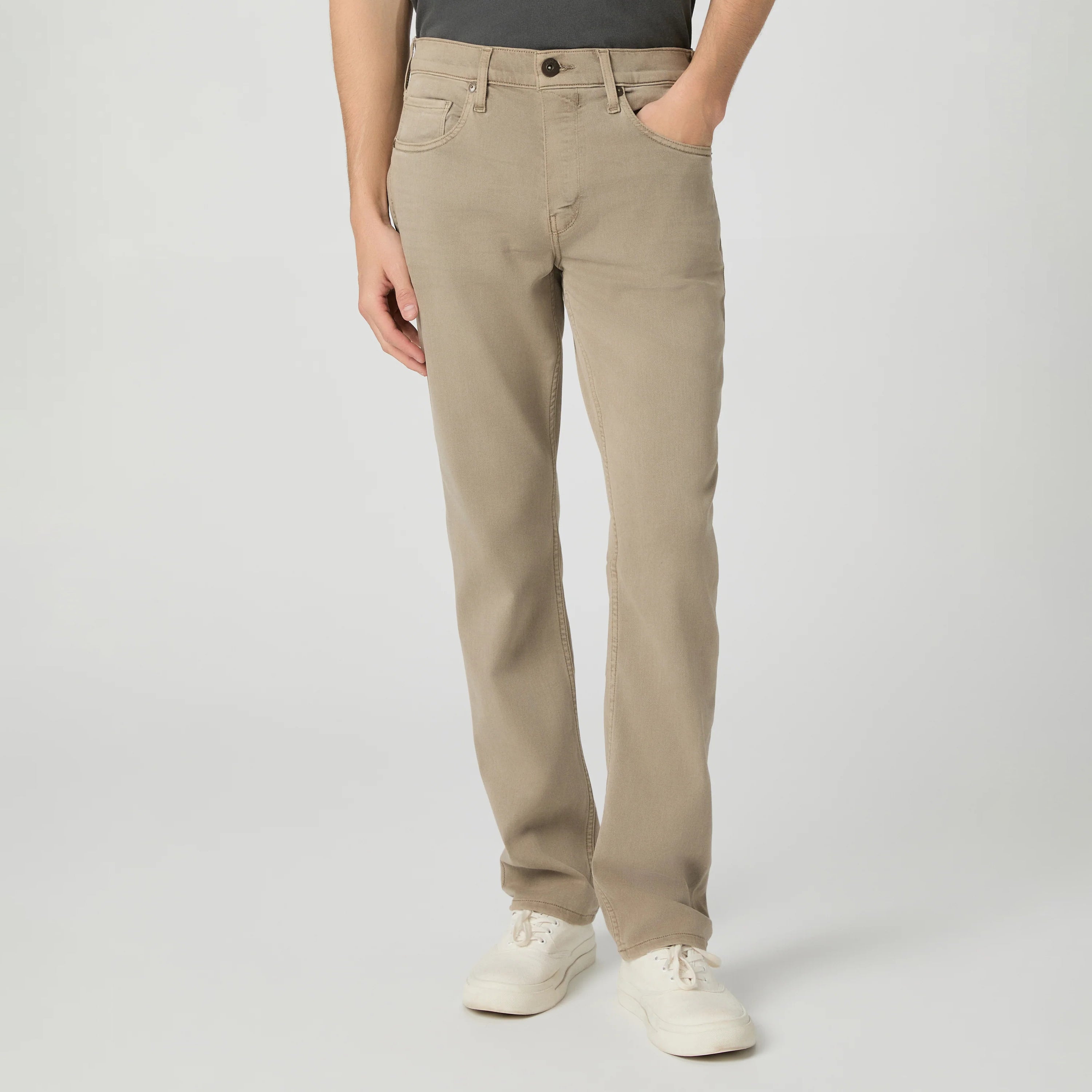 Pale beige straight fit stretch denim five-pocket jeans by PAIGE, Federal vintage style