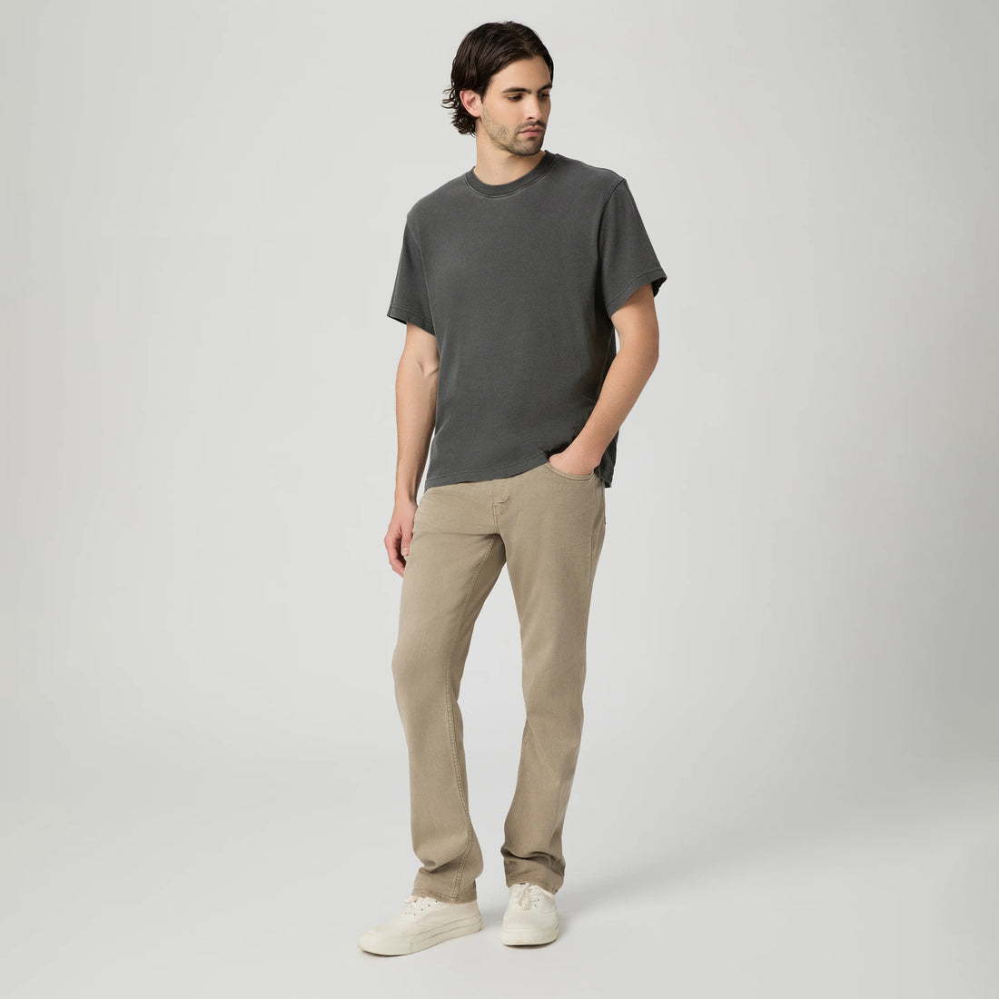 Pale beige straight fit stretch denim five-pocket jeans by PAIGE, Federal vintage style