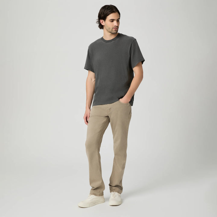 Pale beige straight fit stretch denim five-pocket jeans by PAIGE, Federal vintage style