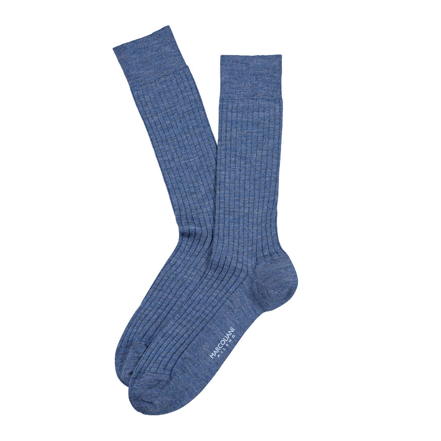 Denim Blue Ribbed Essence of Merino Wool Mid-Calf Sock - Marcoliani