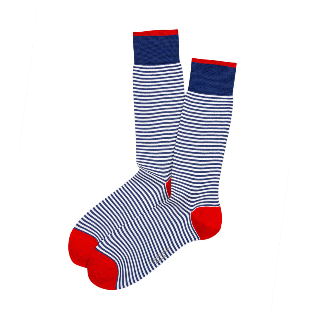 White & Navy Palio Stripe Pima Cotton Mid-Calf Sock - Marcoliani