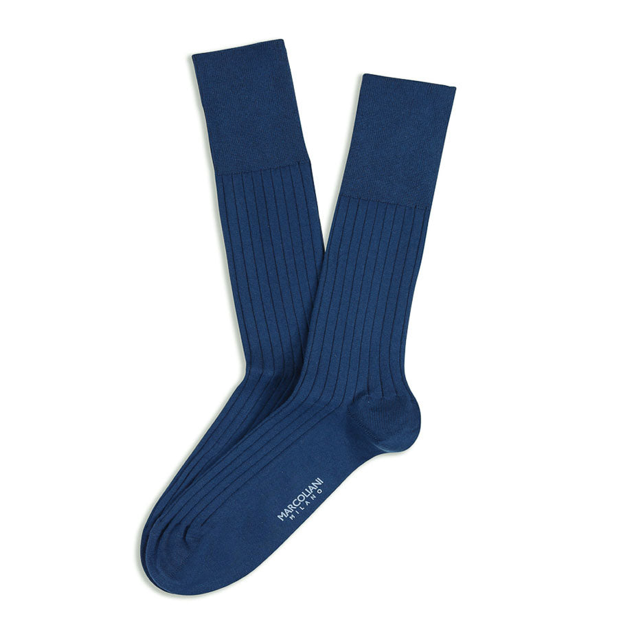 Ocean Blue Dressy Ribbed Essence of Cotton Mid-Calf Sock - Marcoliani
