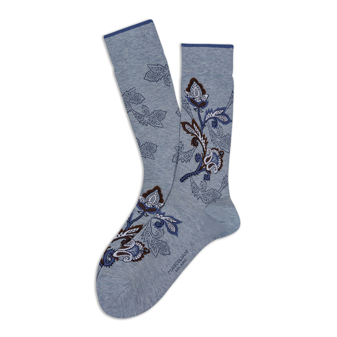 Light Blue Denim Moghul Flower Pima Cotton Mid-Calf Socks - Marcoliani