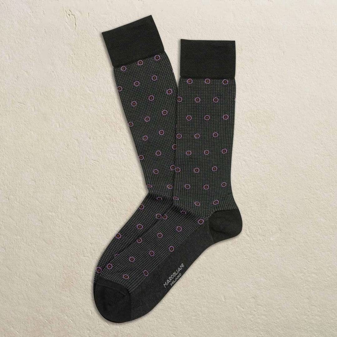 Charcoal Lisle Tie Rings Pima Cotton Mid-Calf Socks - Marcoliani