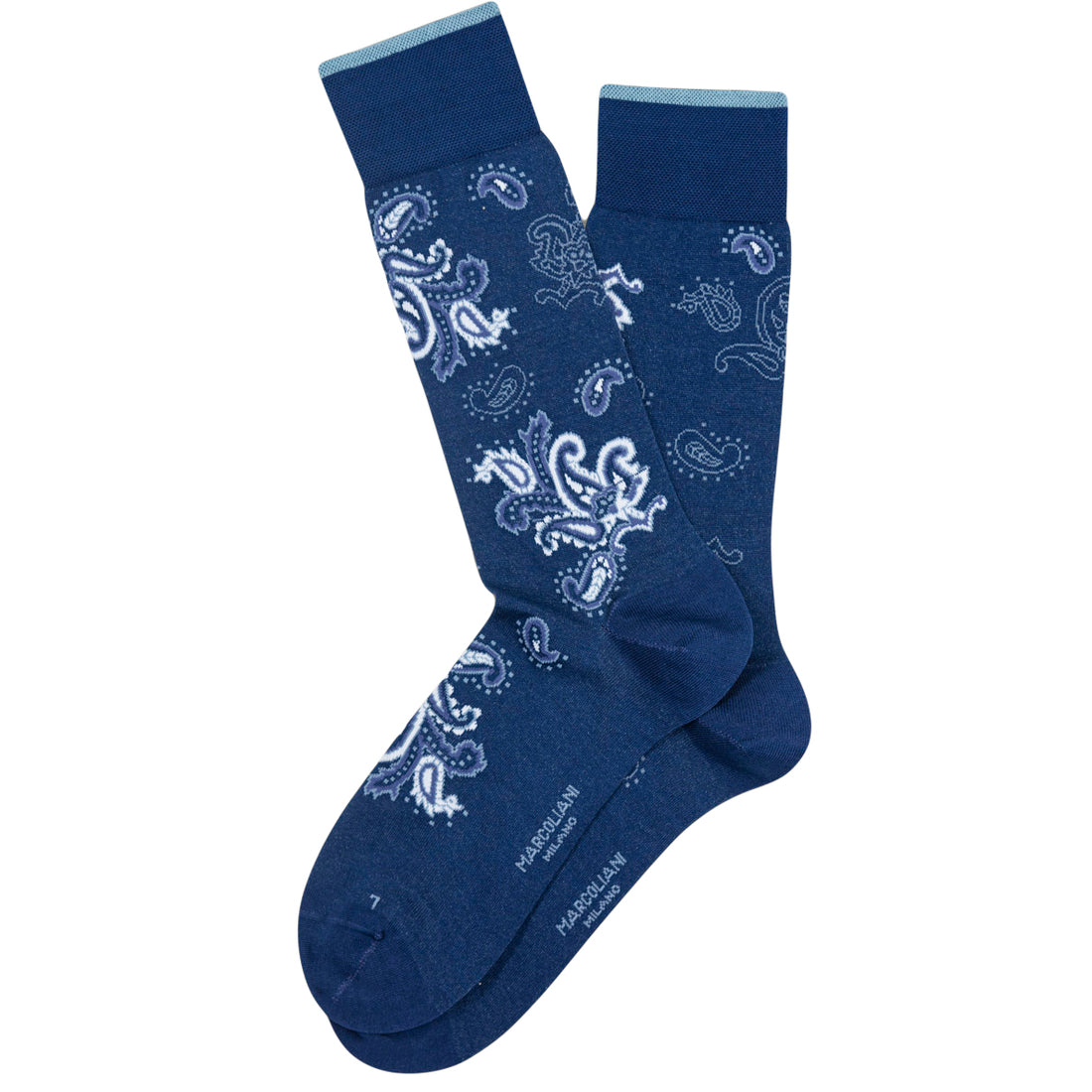 Dark Blue Denim Jali Paisley Pima Cotton Mid-Calf Socks - Marcoliani