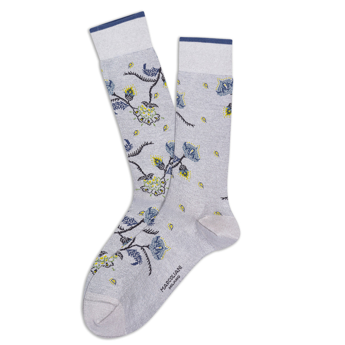 Ice Gray Mumbai Flower Pima Cotton Mid-Calf Socks - Marcoliani