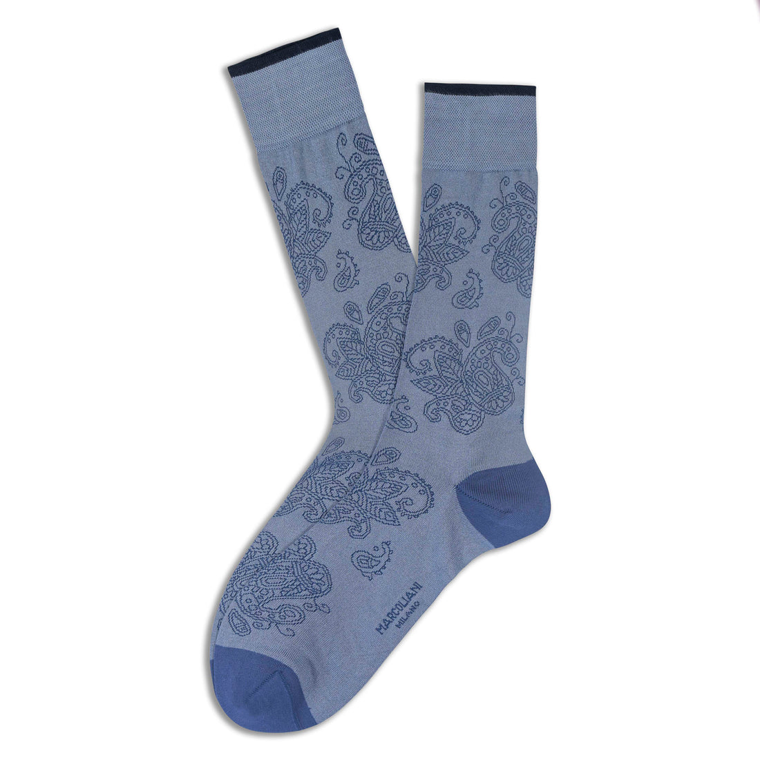 Light Blue Denim Fresh of Modal Madras Paisley Mid-Calf Socks - Marcoliani