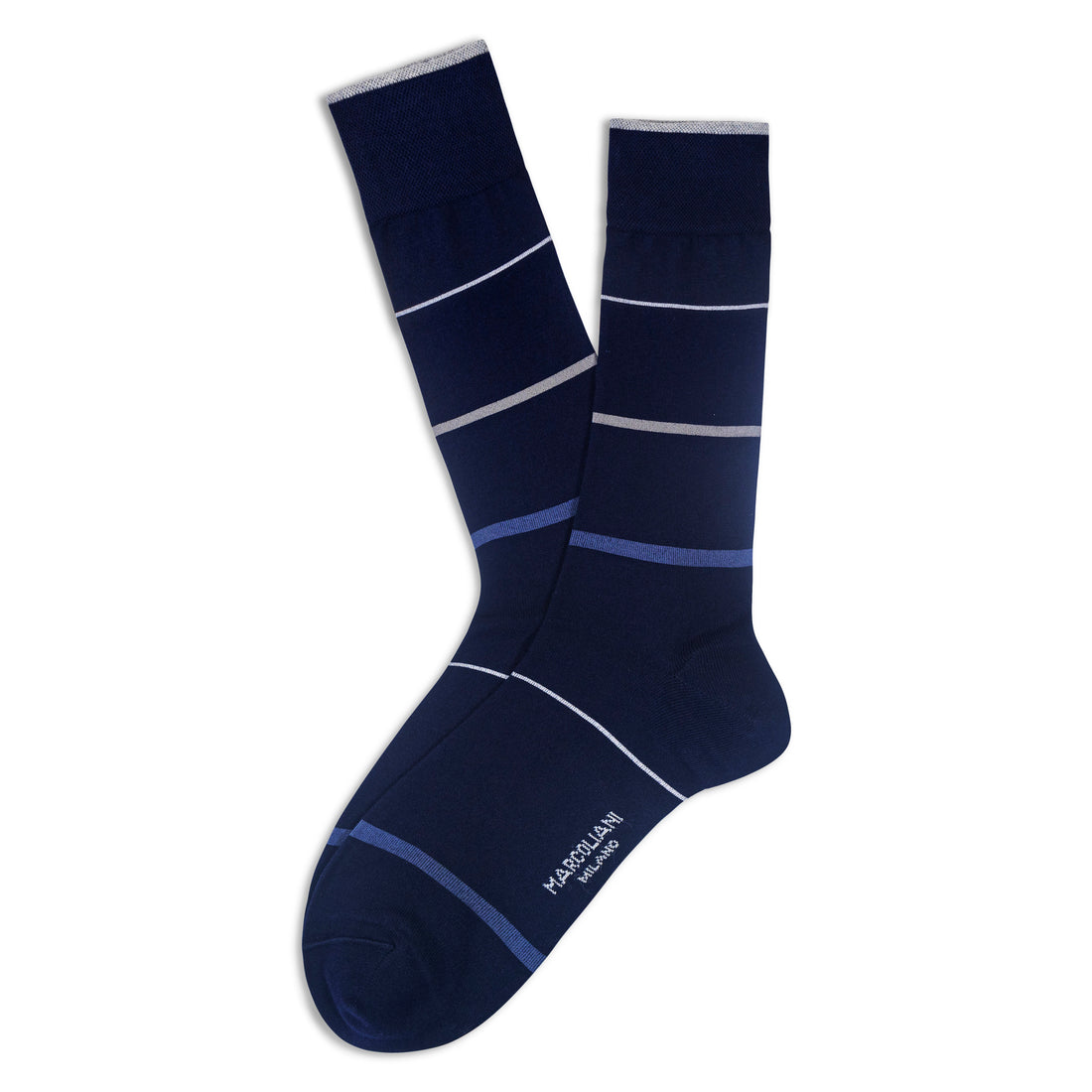 Navy Blue Cuvee Stripes Pima Cotton Mid-Calf Sock - Marcoliani