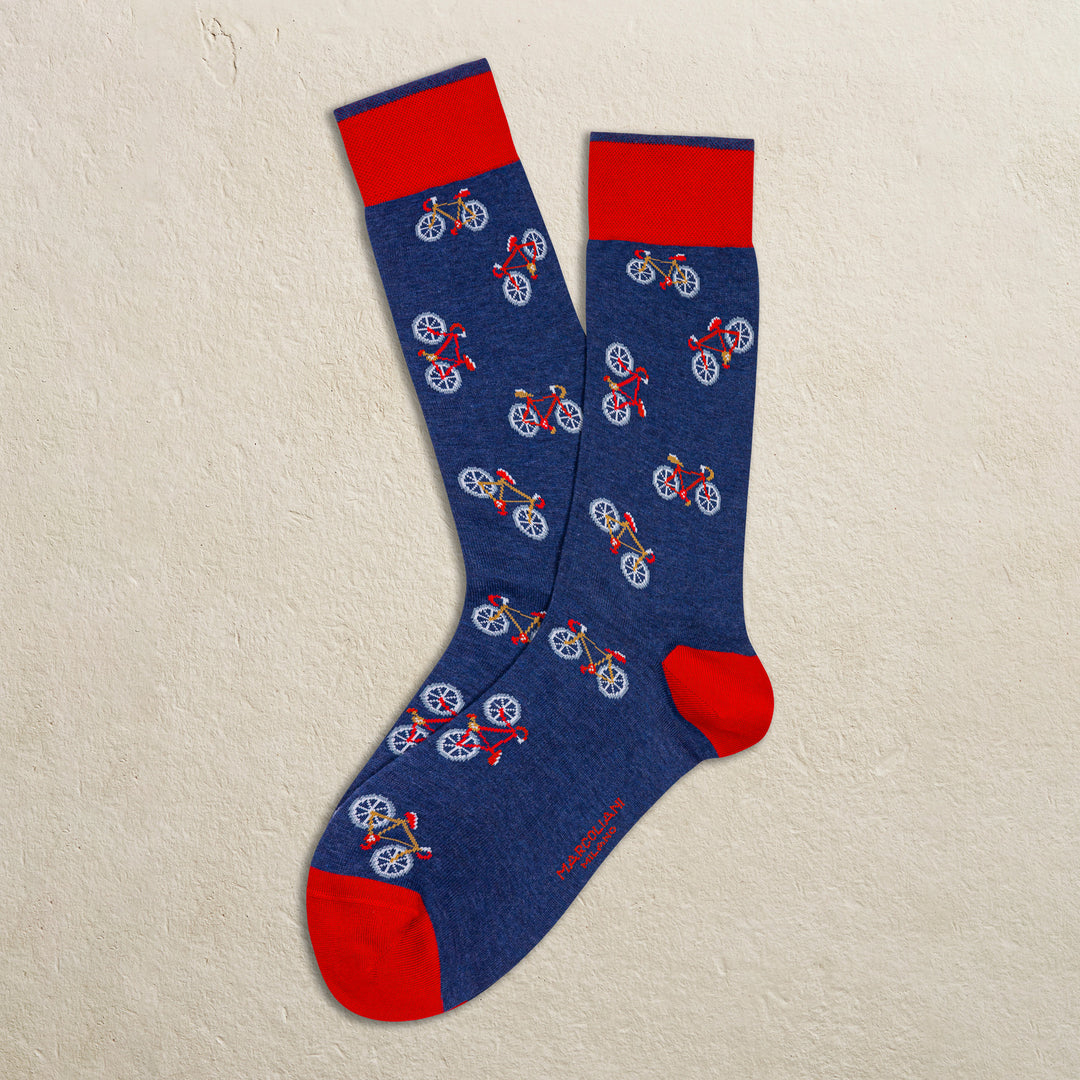 Denim Blue Bike Motif Pima Cotton Mid-Calf Socks - Marcoliani - Boutique Jacques International