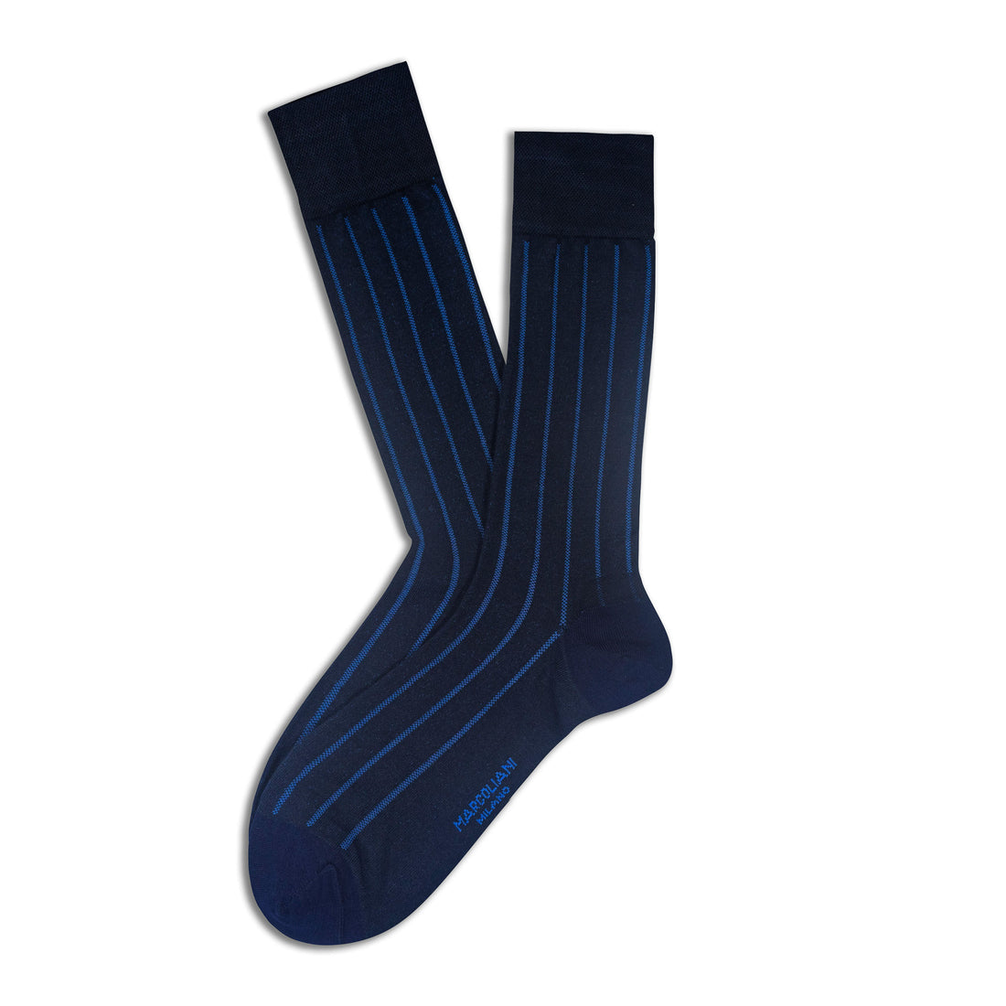 Navy Blue Pinstripe Fresh of Modal Mid-Calf Dress Socks - Marcoliani