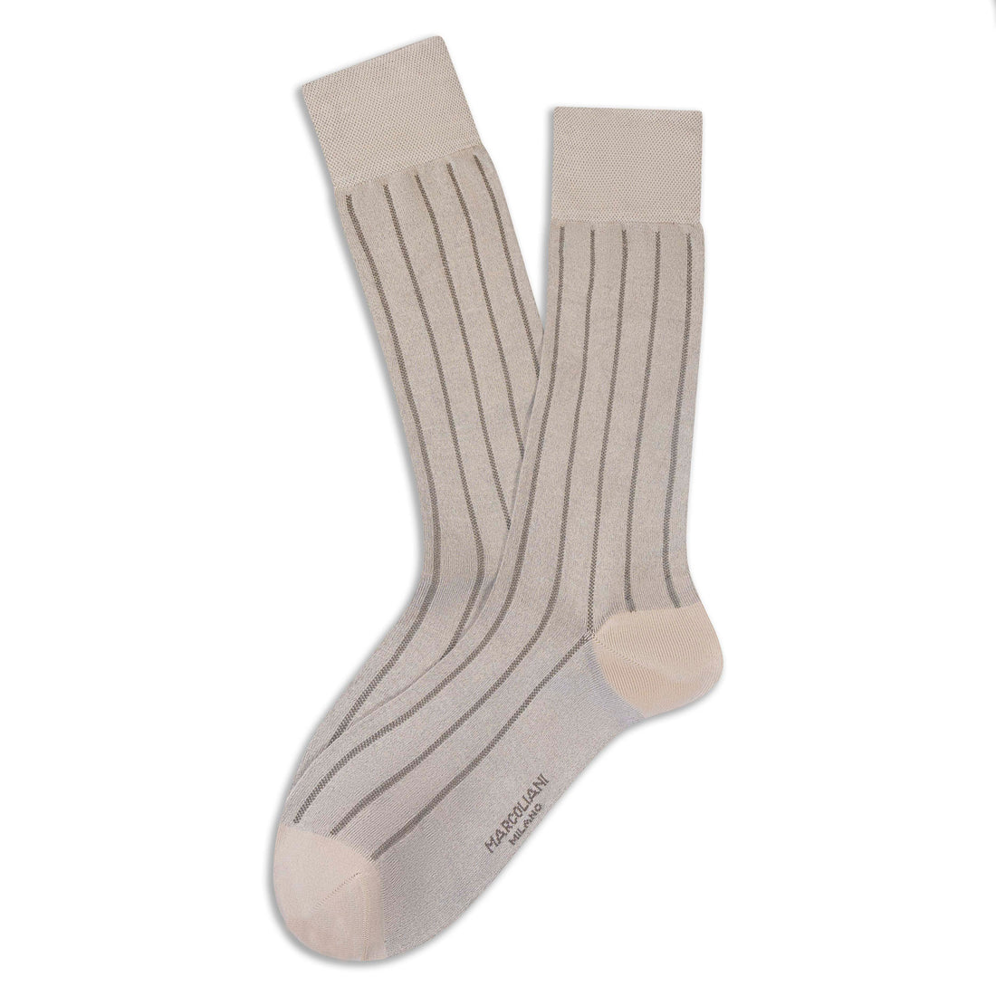 Beige Pinstripe Fresh of Modal Mid-Calf Dress Socks - Marcoliani