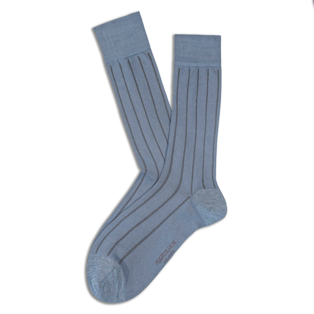Silver Blue Pinstripe Fresh of Modal Mid-Calf Dress Socks - Marcoliani - Boutique Jacques International