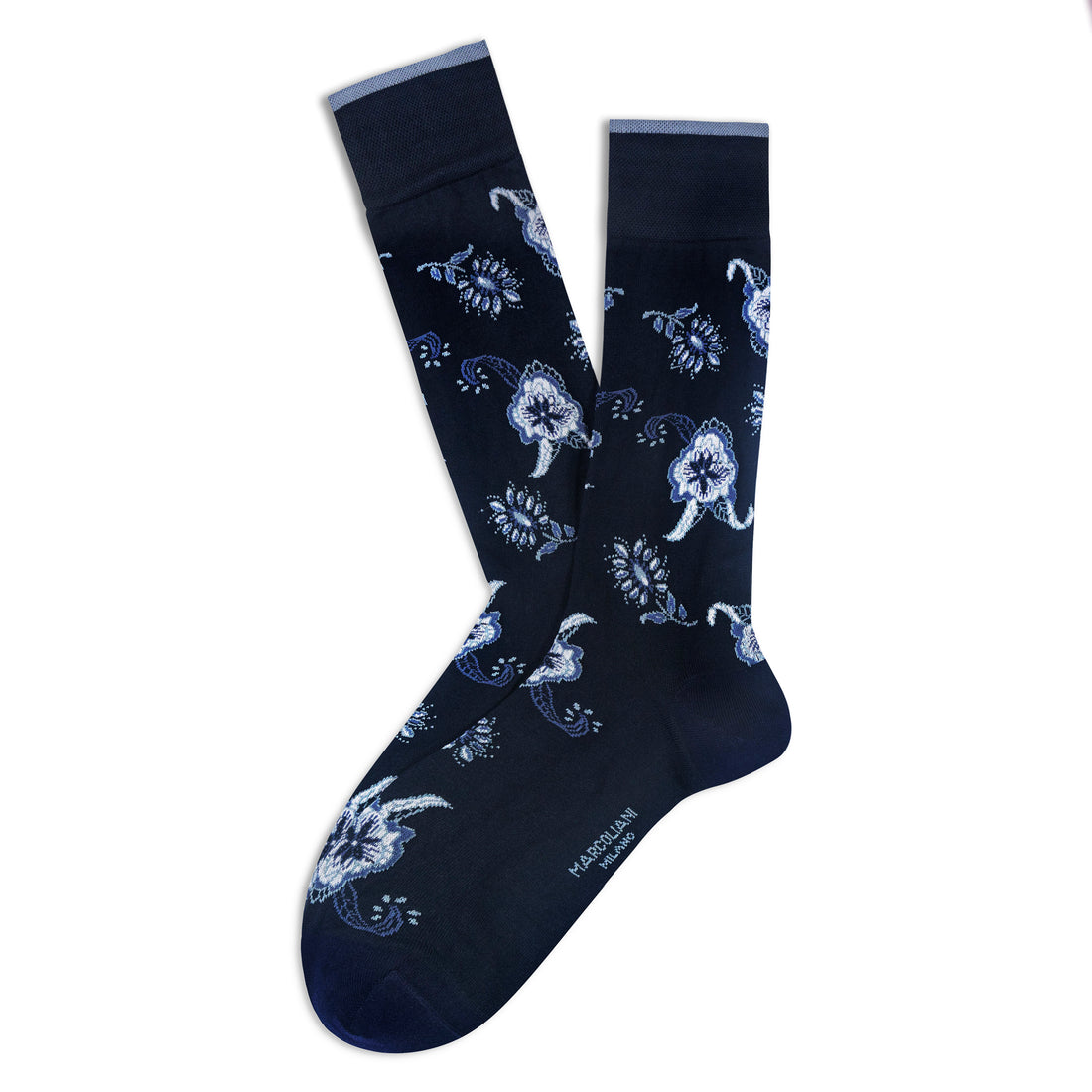 Navy Blue Fresh of Modal Bimala Flower Mid-Calf Socks - Marcoliani - Boutique Jacques International