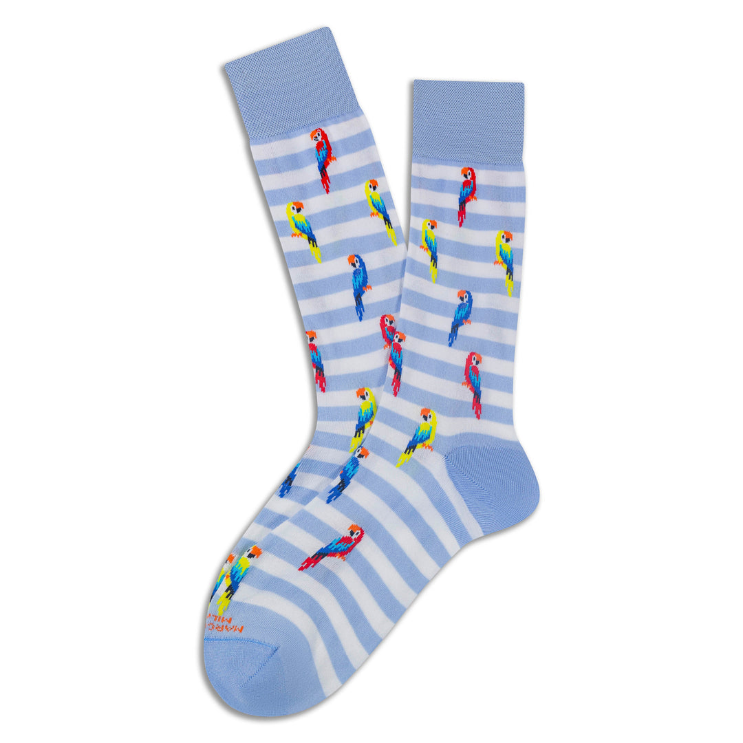 White & Blue Parrot Motif Pima Cotton Mid-Calf Sock - Marcoliani