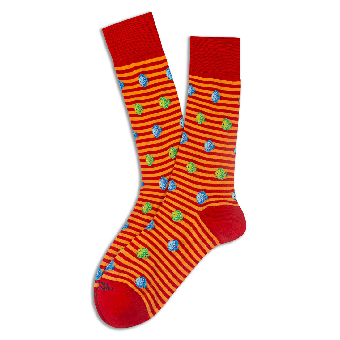 Red Happy Fish Motif Pima Cotton Mid-Calf Sock - Marcoliani
