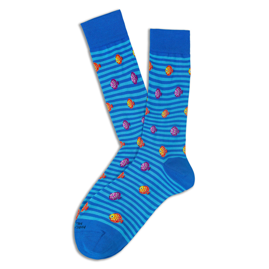 Turquoise Happy Fish Motif Pima Cotton Mid-Calf Sock - Marcoliani