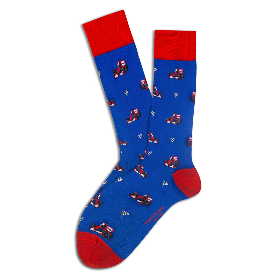Royal Blue Racing Car Motif Pima Cotton Mid-Calf Sock - Marcoliani