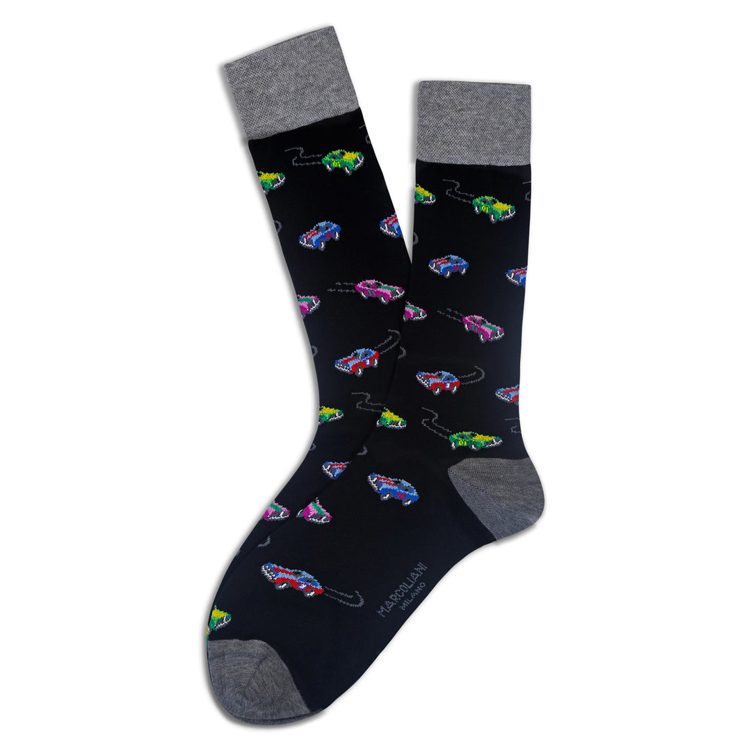 Black Muscle Car Motif Pima Cotton Mid-Calf Sock - Marcoliani