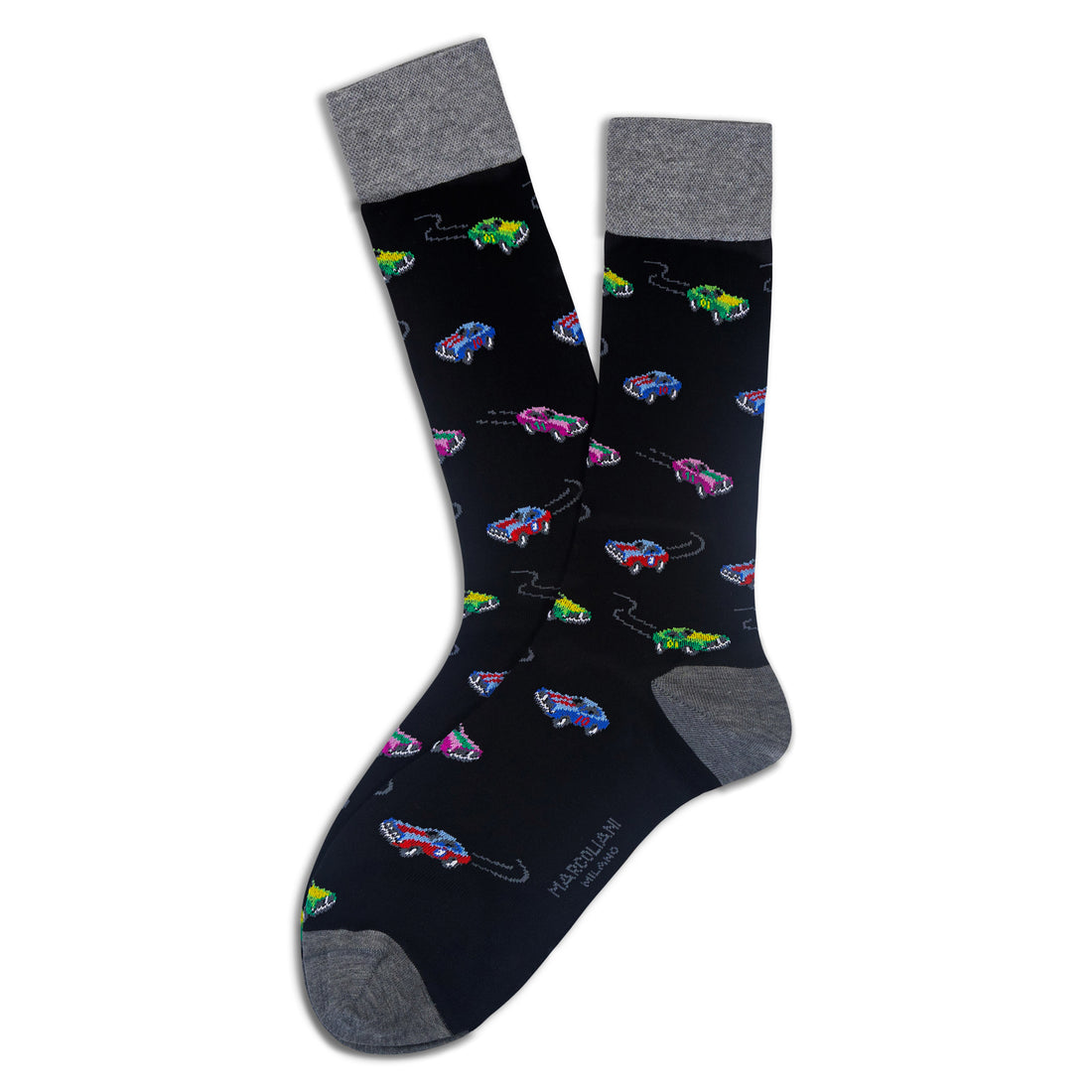 Black Muscle Car Motif Pima Cotton Mid-Calf Sock - Marcoliani