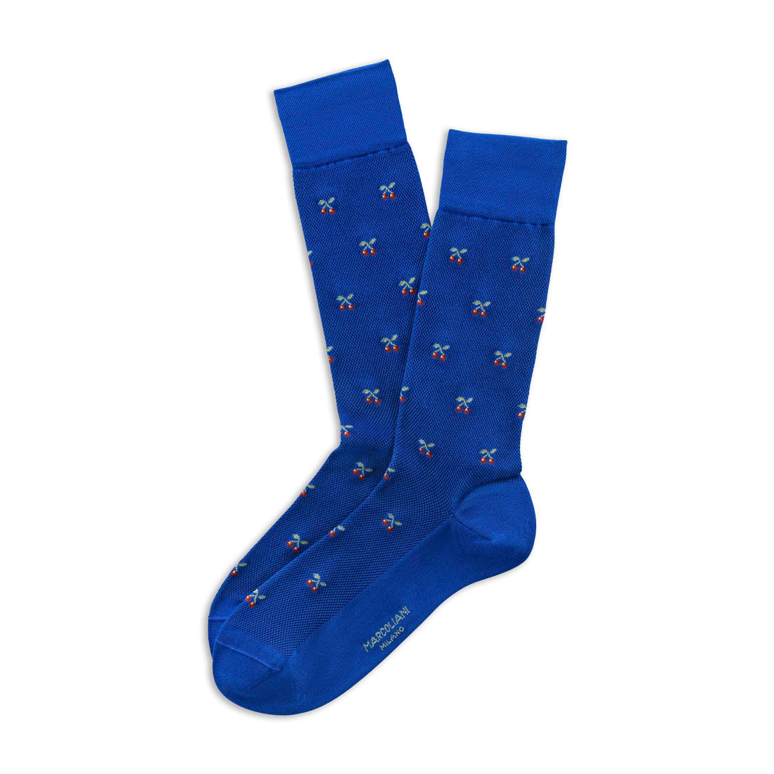 Lapis Blue Tiny Cherries Pima Cotton Mid-Calf Socks - Marcoliani