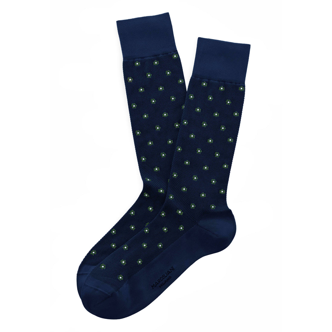 Navy Blue Tiny Flower Motif Pima Cotton Mid-Calf Socks - Marcoliani