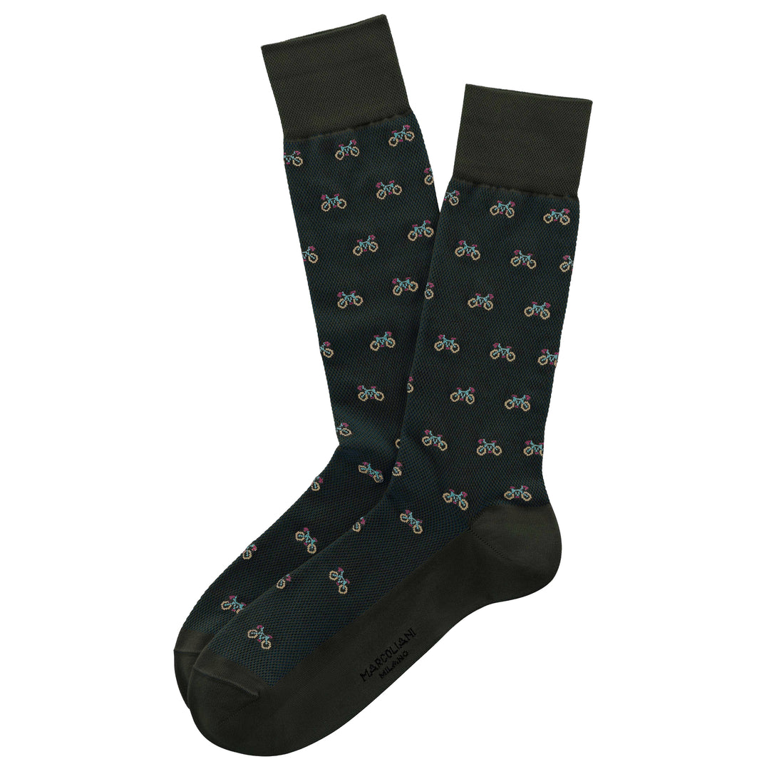 Olive Green Tiny Bike Motif Pima Cotton Mid-Calf Socks - Marcoliani