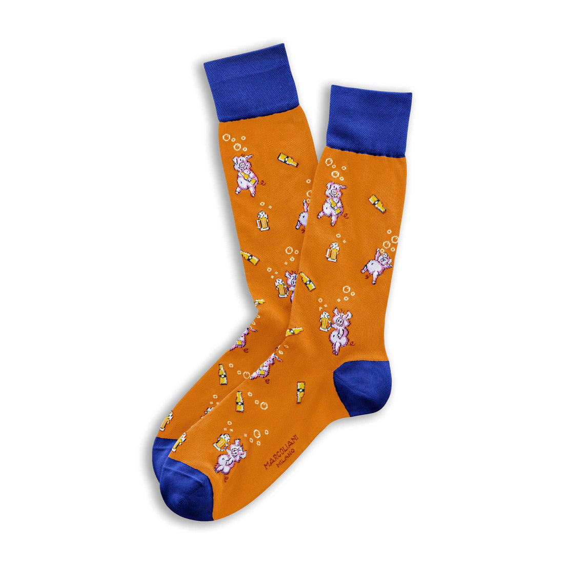 Orange Drunk Pig Motif Pima Cotton Mid-Calf Socks - Marcoliani - Boutique Jacques International
