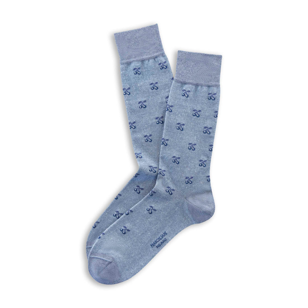 Light Blue Denim Tiny Cherries Motif Linen & Cotton Mid-Calf Socks - Marcoliani