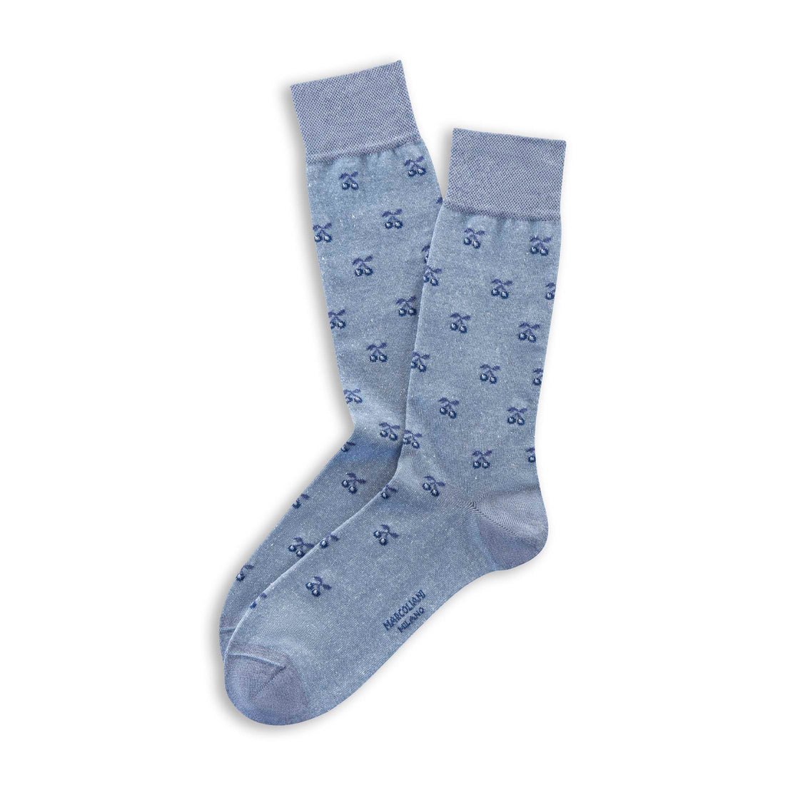Light Blue Denim Tiny Cherries Motif Linen & Cotton Mid-Calf Socks - Marcoliani