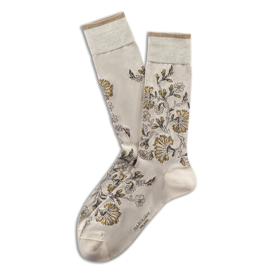 Beige Cornflower Motif Essence of Cotton Mid-Calf Socks - Marcoliani