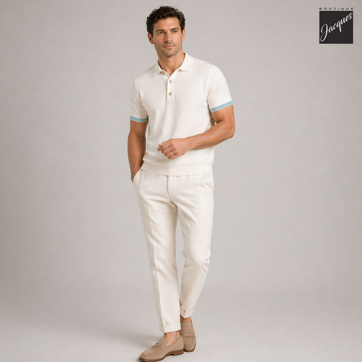 Cream Viscose-Stretch Knit Polo with Striped Contrast Details - Phil Petter - Boutique Jacques International