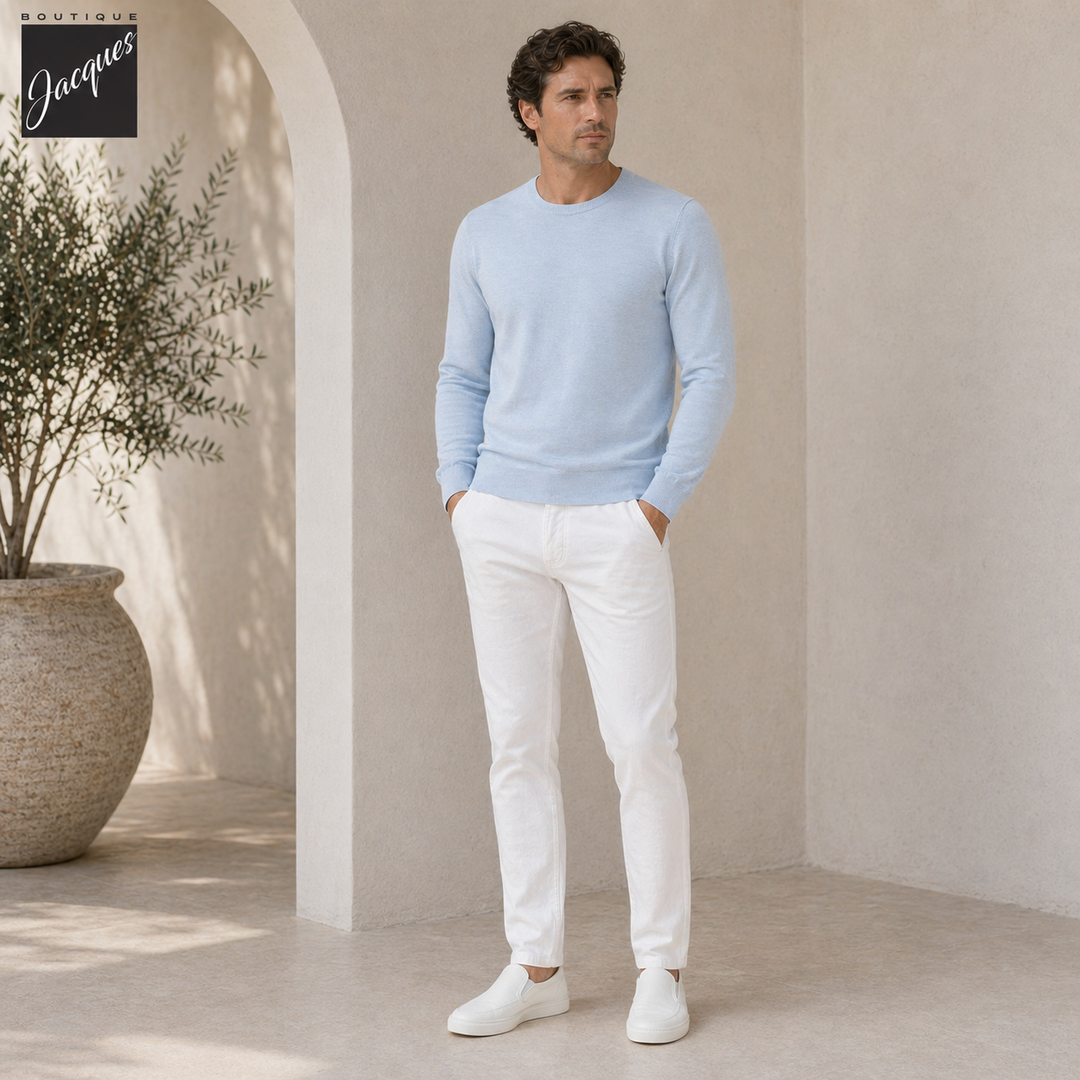 Sky Blue Knitted Cotton Long Sleeve Crew Neck - FRADI - Boutique Jacques International