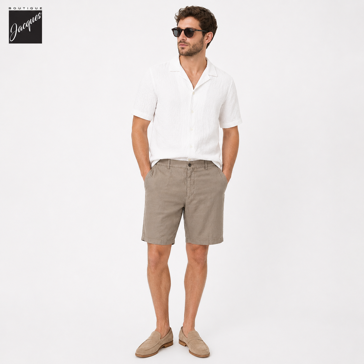 Light Fango (Mud) Lyocell-Linen Elax Bermuda Shorts - Berwich - Boutique Jacques International