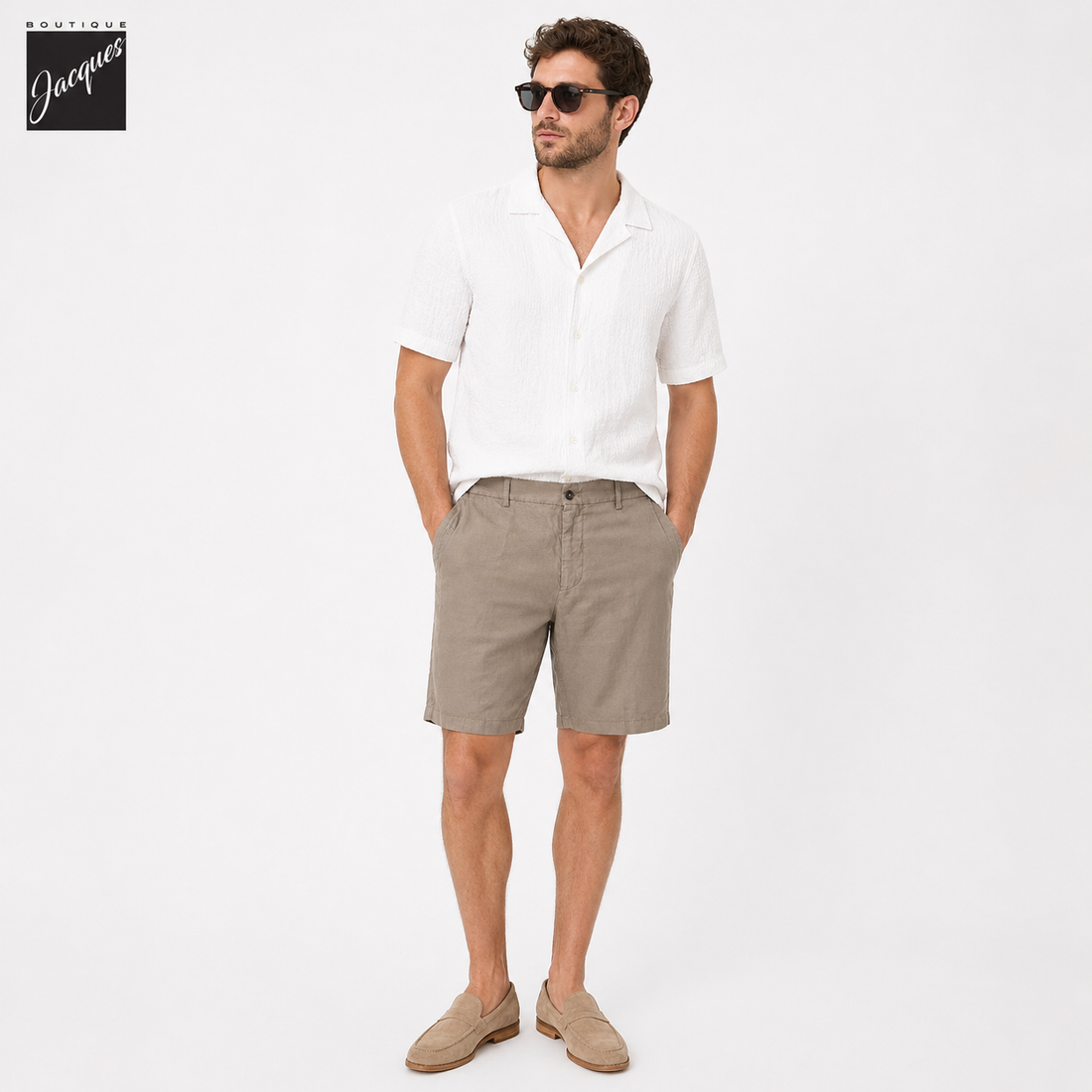 Light Fango (Mud) Lyocell-Linen Elax Bermuda Shorts - Berwich - Boutique Jacques International