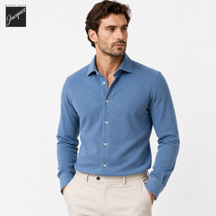 Denim Blue Cotton Jersey Slimline Casual Shirt - Stenströms