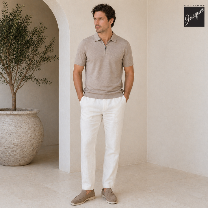 Yuta Beige Knitted Cotton Short Sleeve Zip Polo - FRADI - Boutique Jacques International