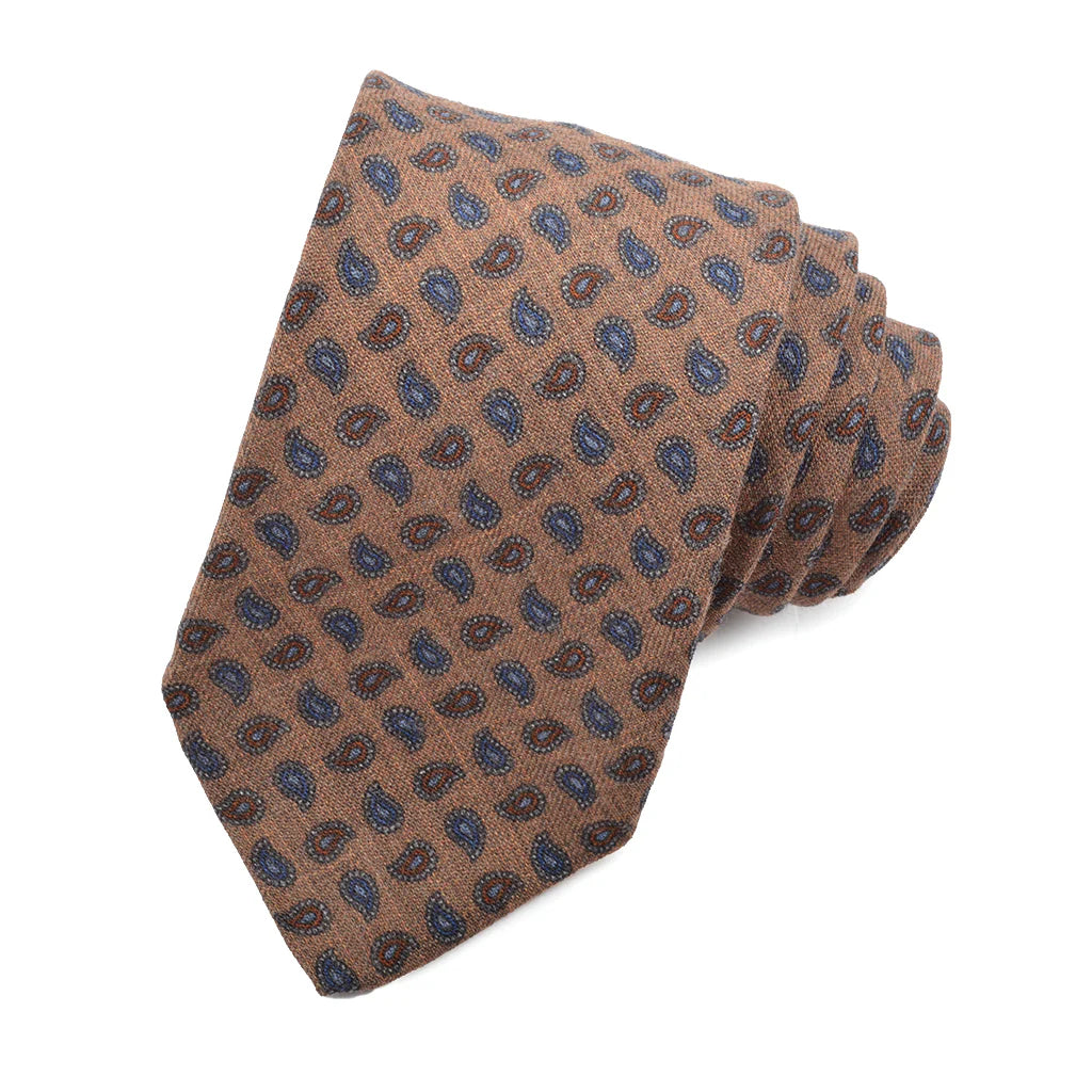 Cognac Paisley Patterned Silk Tie - DION